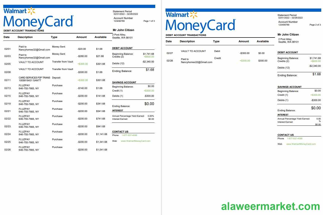USA Walmart MoneyCard bank statement 3 pages